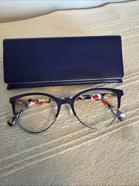 Fendi Navy Round-Top Glasses with Multicolor Patterned Temples
